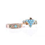 A mid Victorian turquoise and seed pearl half hoop ring, the alternating stones set in engraved