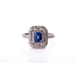 An 18ct white gold, diamond, and sapphire double bordered plaque ring, in the Art Deco style,
