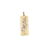A yellow metal and diamond pendant, of rectangular design, the textured gold mount with a diamond-