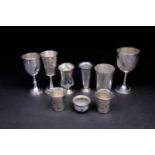 Nine assorted English, Continental and Russian silver and white metal kiddish cups, goblets and