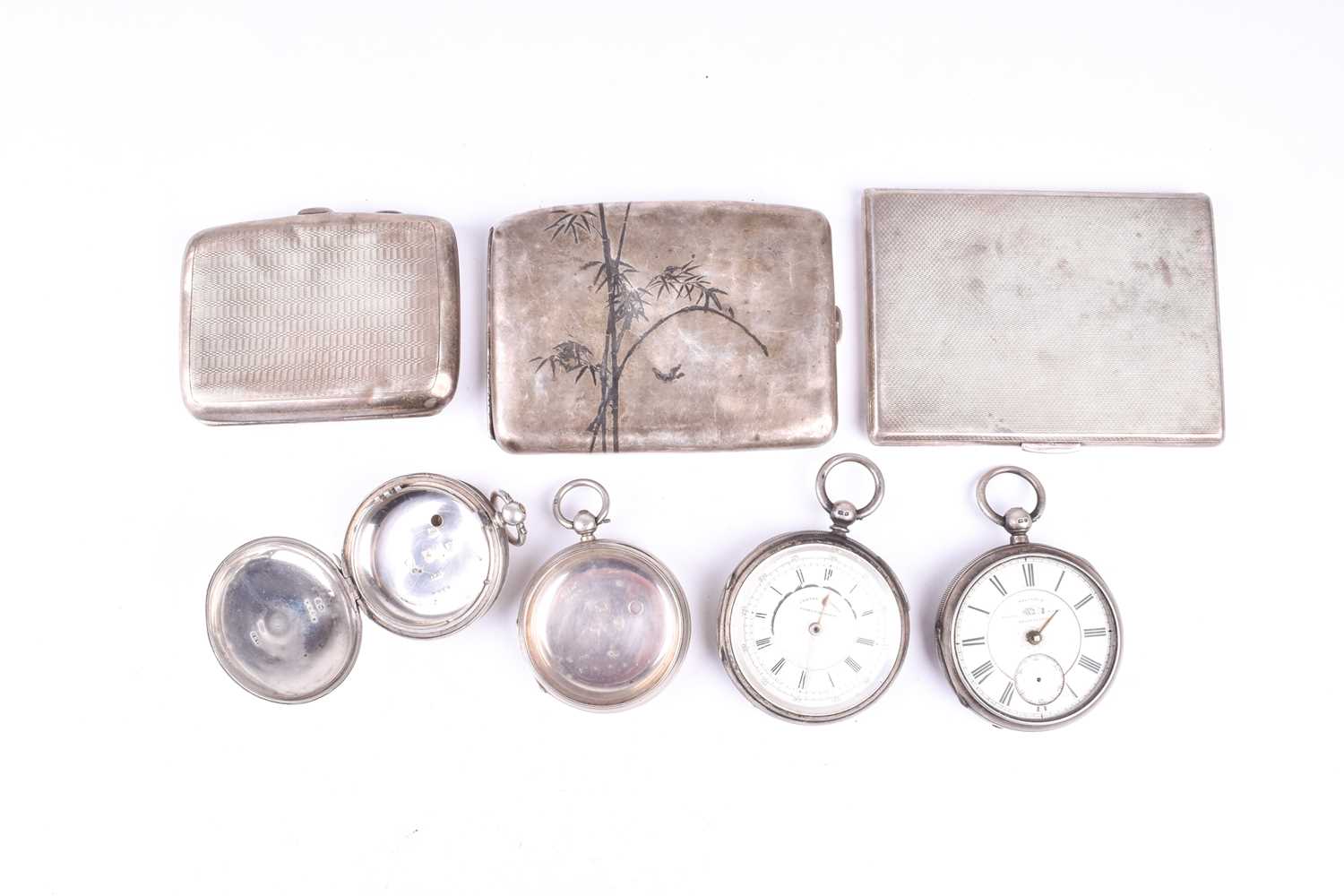 A white metal cased pocket chronograph, together with a white metal pocket watch, two silver