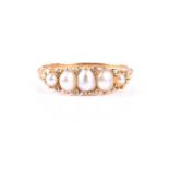 A yellow metal, diamond, and pearl ring, set with five graduated pearls interspersed with rose-cut