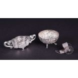 A Chinese silver export small bowl with clear glass liner, the twin handles formed as dragons and