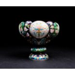 A Russian silver gilt and enamel gem set pedestal bowl, 20th century, with silver wire cloisonnes,