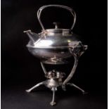 An arts & crafts silver plated spirit kettle on stand, by WAH Benson, with rare three light