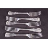 A set of five William IV silver dinner forks, London 1832 by William Eaton, Kings pattern, 16 ozt.