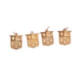 A set of four unusual 15ct yellow gold early 20th century medal pendants, awarded by Eton College to