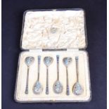 A cased set of six Russian silver gilt and enamel spoons, numberd '84' and initialled 'BA', 10.5
