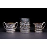 A Chinese silver tea caddy, sugar bowl and cream jug by Luen Wo, 19th century, each of bamboo form