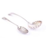 A silver sifter spoon, dated Birmingham 1907, together with a Georgian silver fruit spoon. (2)