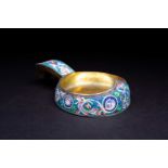 A Russian silver and enamel kovsh, 20th century, of shallow form, decorated with, enamel flowers and