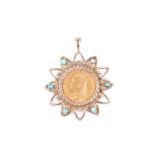 A sovereign set pendant, the Victorian sovereign dated 1889, in detachable 9ct gold mount set with