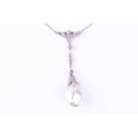 A Belle Epoque natural pearl and diamond pendant, the tear drop shaped pearl with a rose diamond-set