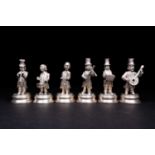 A set of six Spanish silver musician figures, 20th century, playing a variety of instruments, on