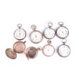 A group of silver and white metal pocket watches, including a Kendal & Dent, Buren example, a