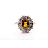 An 18ct yellow gold, diamond and yellow sapphire cluster ring, set with a mixed rectangular-cut