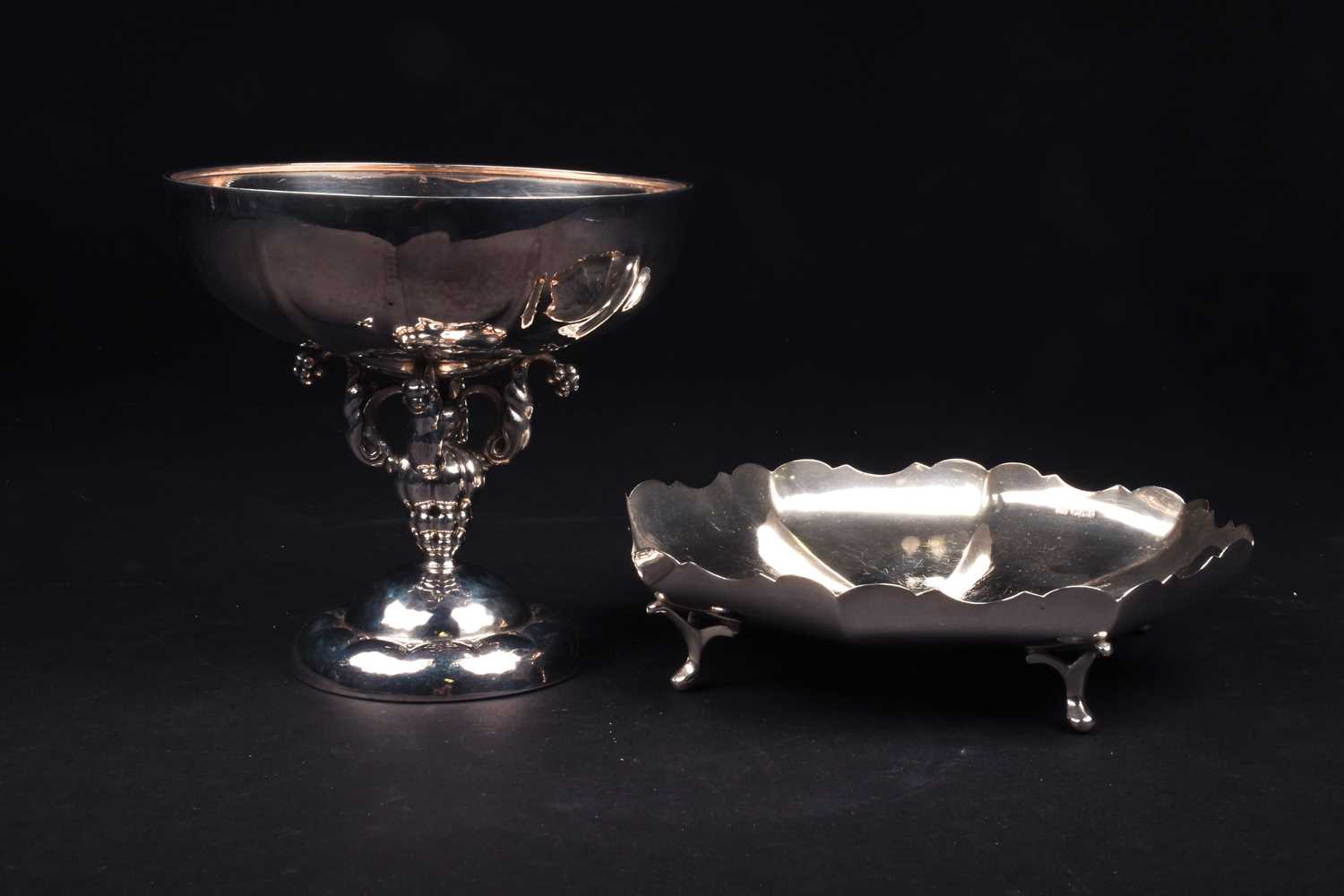 A Continental silver pedestal bowl, marked '925', 15.5 cm high, together with an English silver