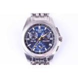 A Tissot PRC 100 stainless steel chronograph wristwatch, the blue dial with baton indices, date