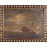 Early 19th century Dutch school, a galleon in heavy seas, oil on board, 38 x 50.5 cm in an