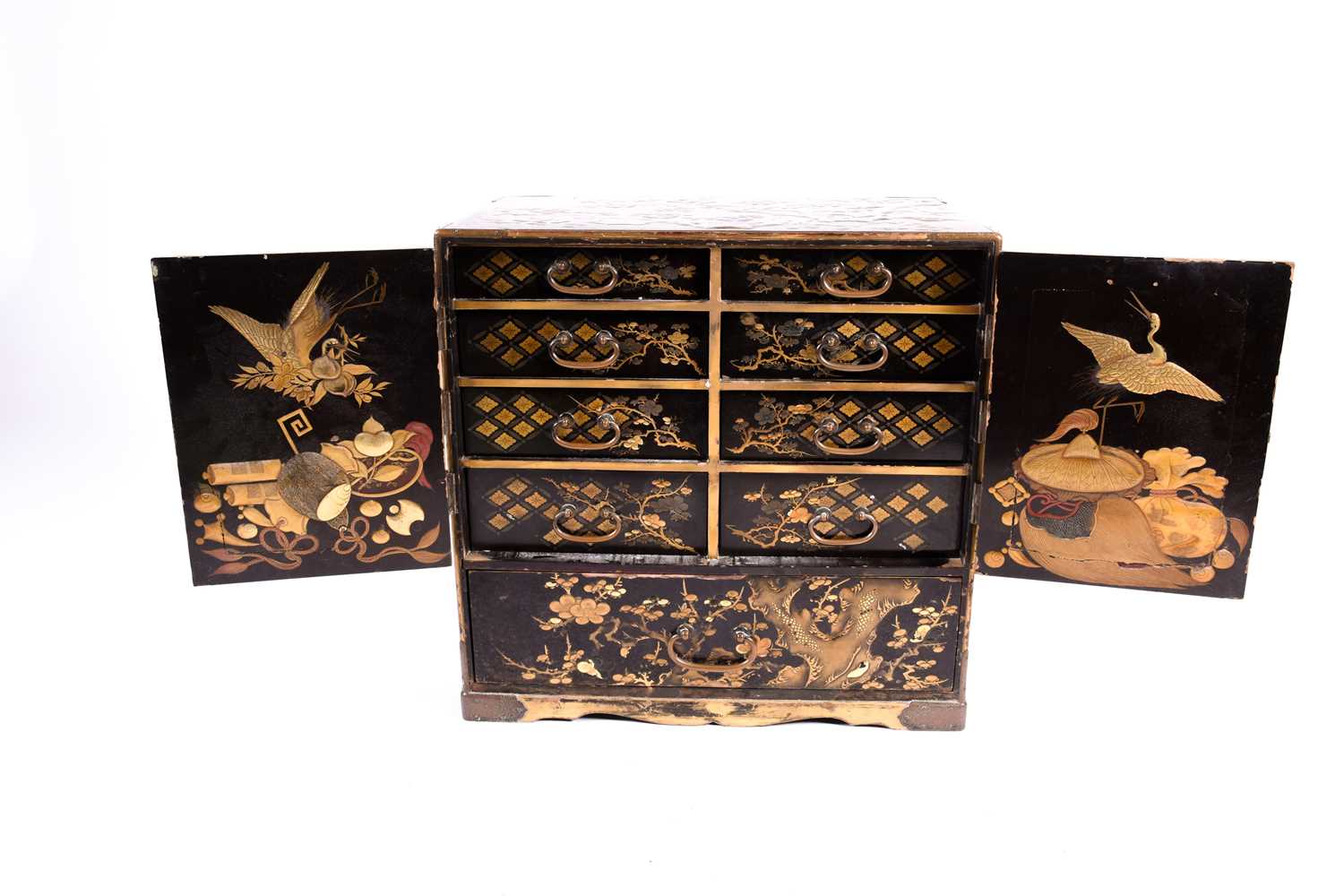 A Japanese lacquer Kodansu, Meiji period, of rectangular form with engraved metal mounts, with - Image 5 of 7