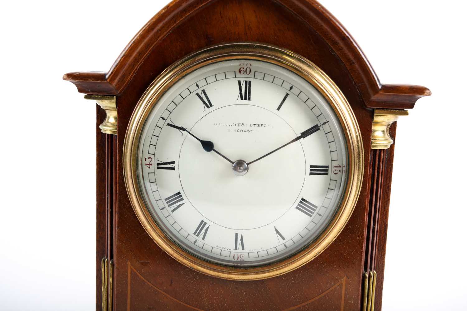 An Edwardian mahogany and inlaid mantel clock, with french eight day movement, the enamel dial - Image 9 of 10