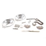 A mixed group of small silver and white metal items, comprising a pair of twin handled dishes, a