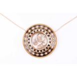 A Victorian yellow gold, pearl, and enamel pendant necklace, of circular form, centred with three