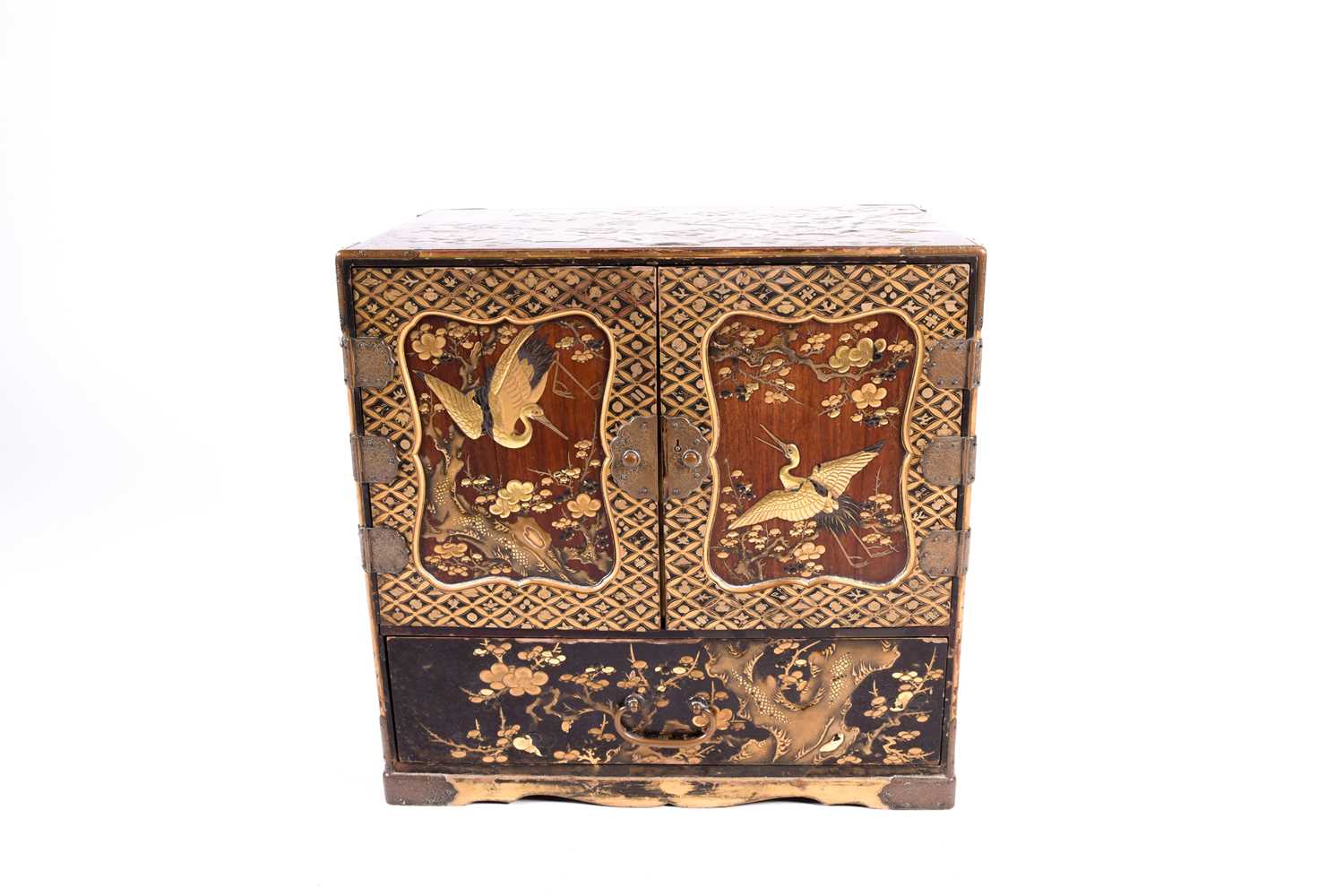 A Japanese lacquer Kodansu, Meiji period, of rectangular form with engraved metal mounts, with - Image 3 of 7