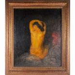 19th century school, study of a nude female, oil on panel, indistinctly signed, 64 cm x 52 cm in a