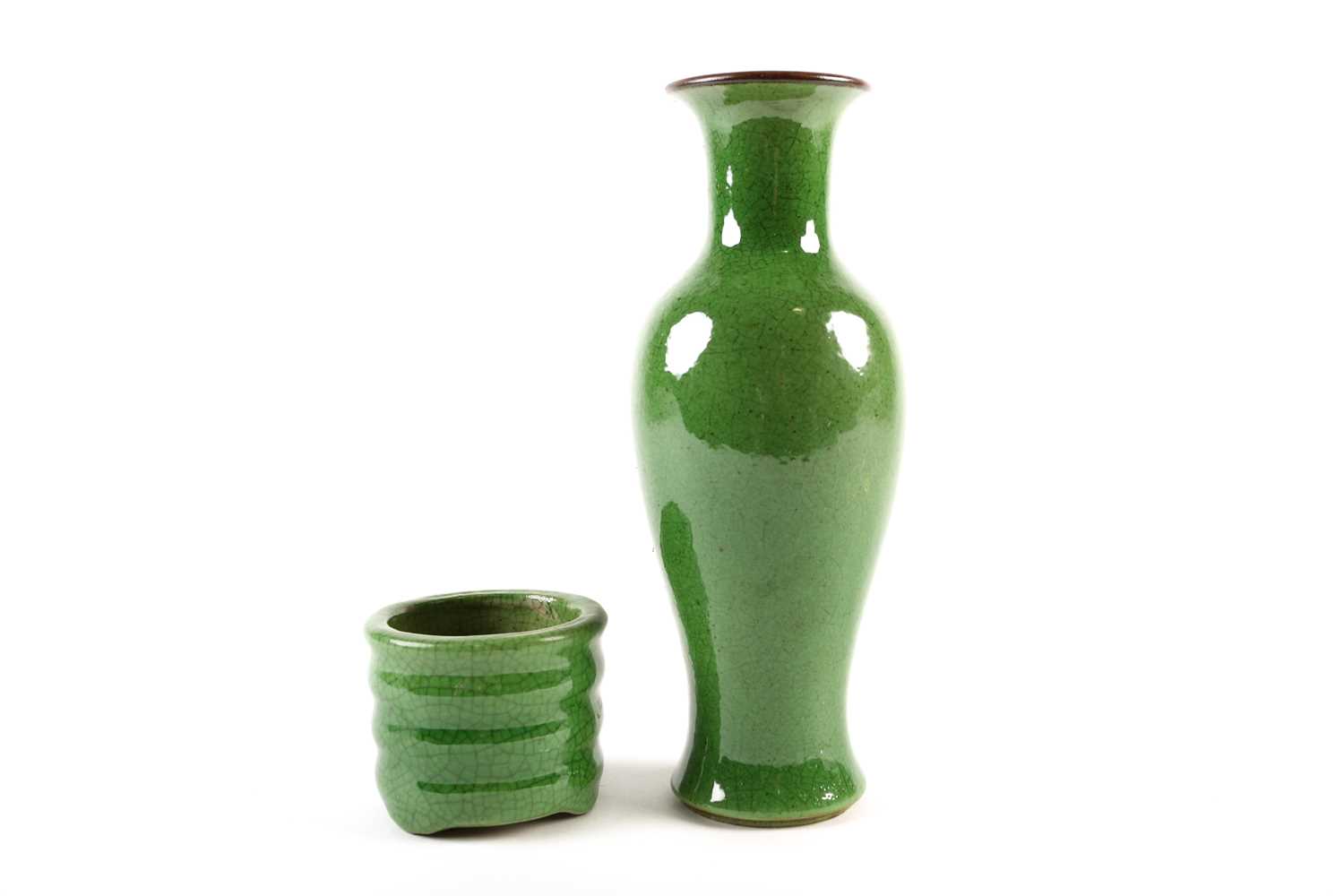 A Chinese green glazed vase, of slender baluster form, with a brown rim, the glaze with fine - Image 2 of 3