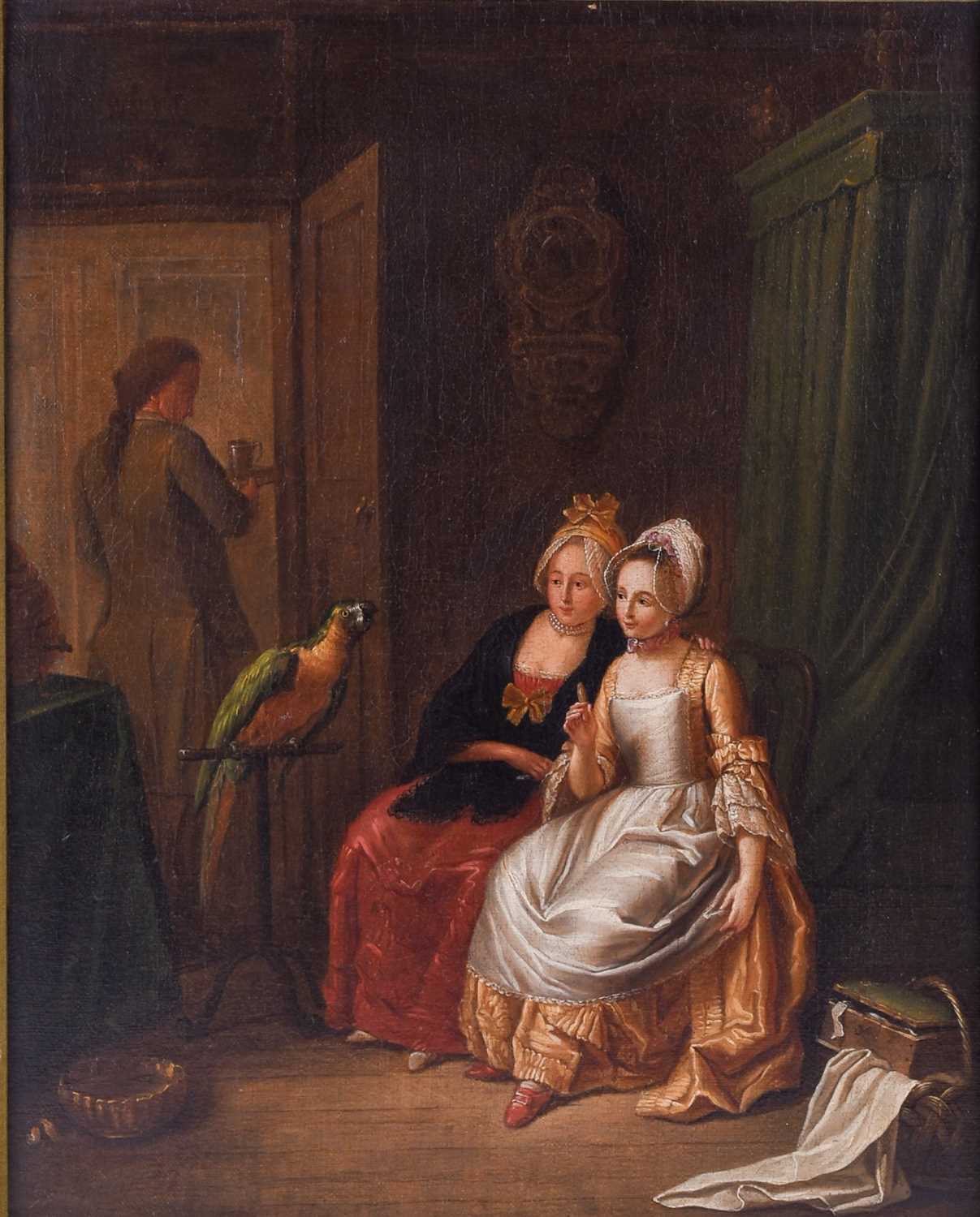 Circle of Nicolas Bernard Lépicié (1735-1784), two seated ladies, admiring a parrot on its perch, - Image 5 of 6