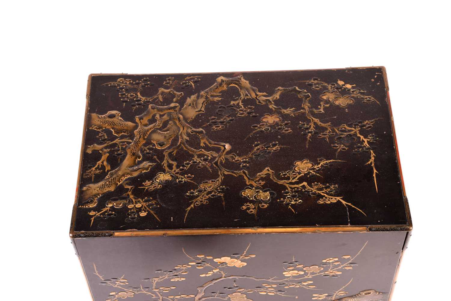 A Japanese lacquer Kodansu, Meiji period, of rectangular form with engraved metal mounts, with - Image 7 of 7