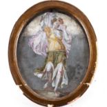 An 18th century reverse painted oval mirror, depicting a classical maiden holding mask, in a