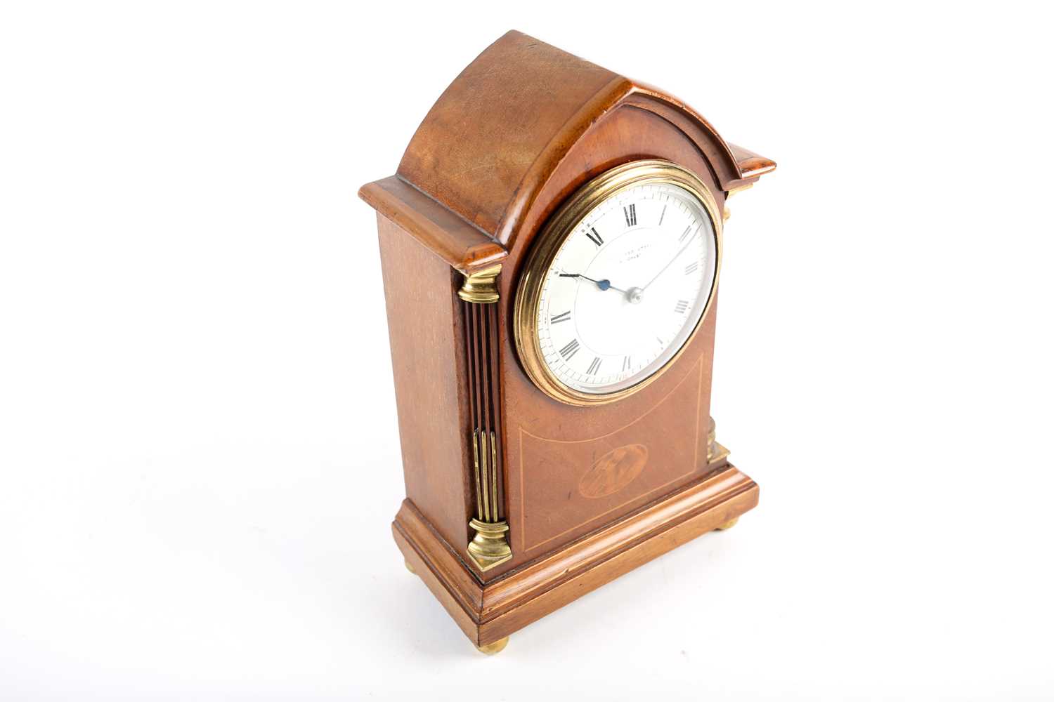 An Edwardian mahogany and inlaid mantel clock, with french eight day movement, the enamel dial - Image 2 of 10