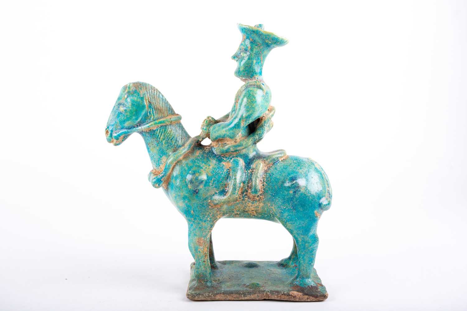 A Persian Kashan pottery equestrian figure, 13th century or later, the seated figure wearing a hat - Image 4 of 4