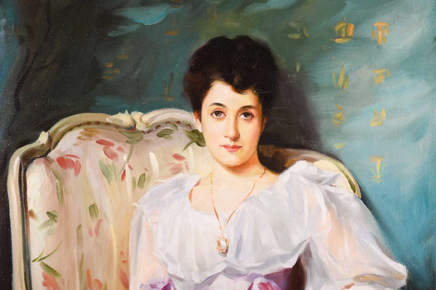 20th century English school, a portrait of a seated lady, signed 'Kenwood', oil on canvas, 59 cm x - Image 3 of 4