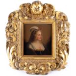An 18th century portrait of a noblewoman, oil on panel, 15.5 cm x 14 cm, in a scrolling gilt frame