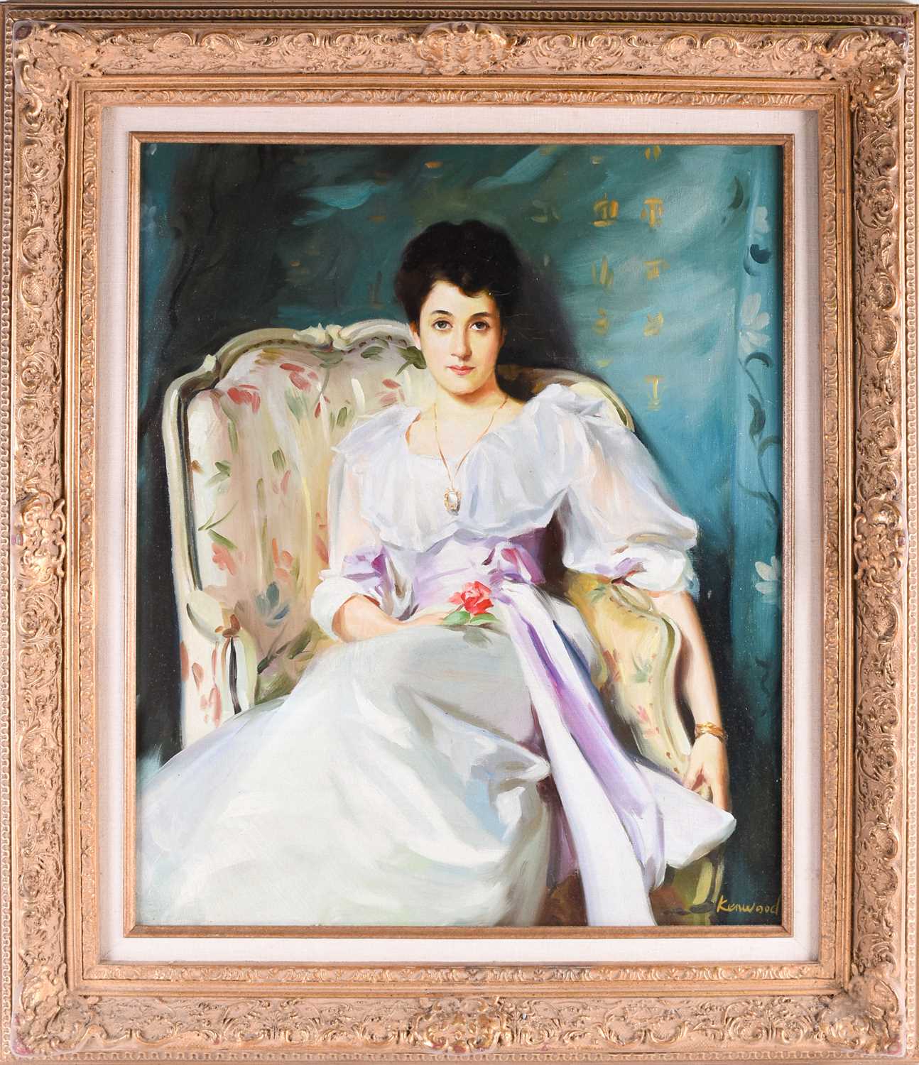 20th century English school, a portrait of a seated lady, signed 'Kenwood', oil on canvas, 59 cm x