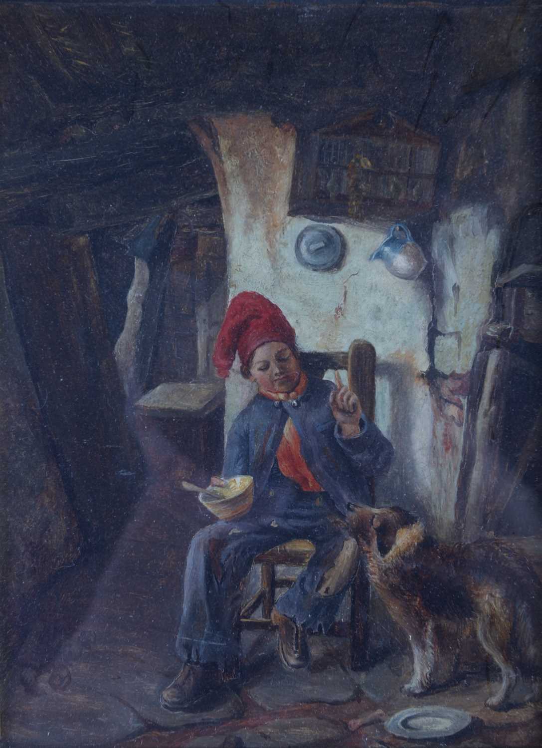 19th century Continental school, a boy and his dog in an interior scene, oil on panel, unsigned, - Image 2 of 4