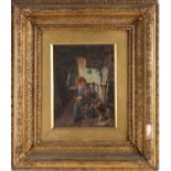 19th century Continental school, a boy and his dog in an interior scene, oil on panel, unsigned,