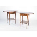 A pair of mahogany drop leaf side tables, mid 20th century, with satinwood crossbanding and