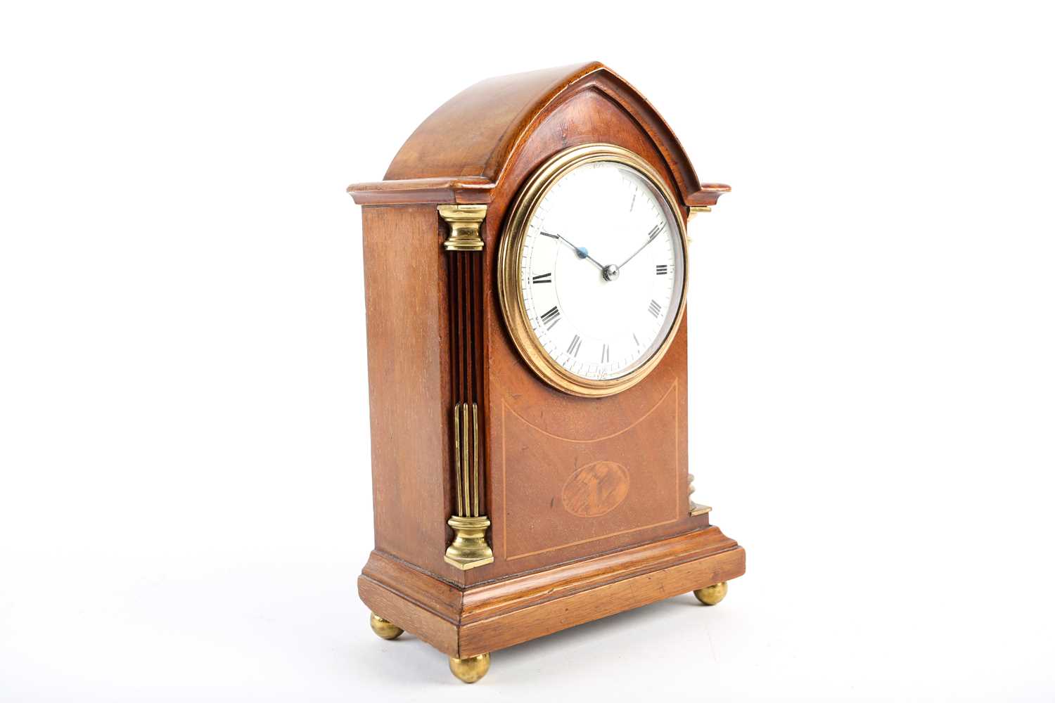 An Edwardian mahogany and inlaid mantel clock, with french eight day movement, the enamel dial - Image 10 of 10
