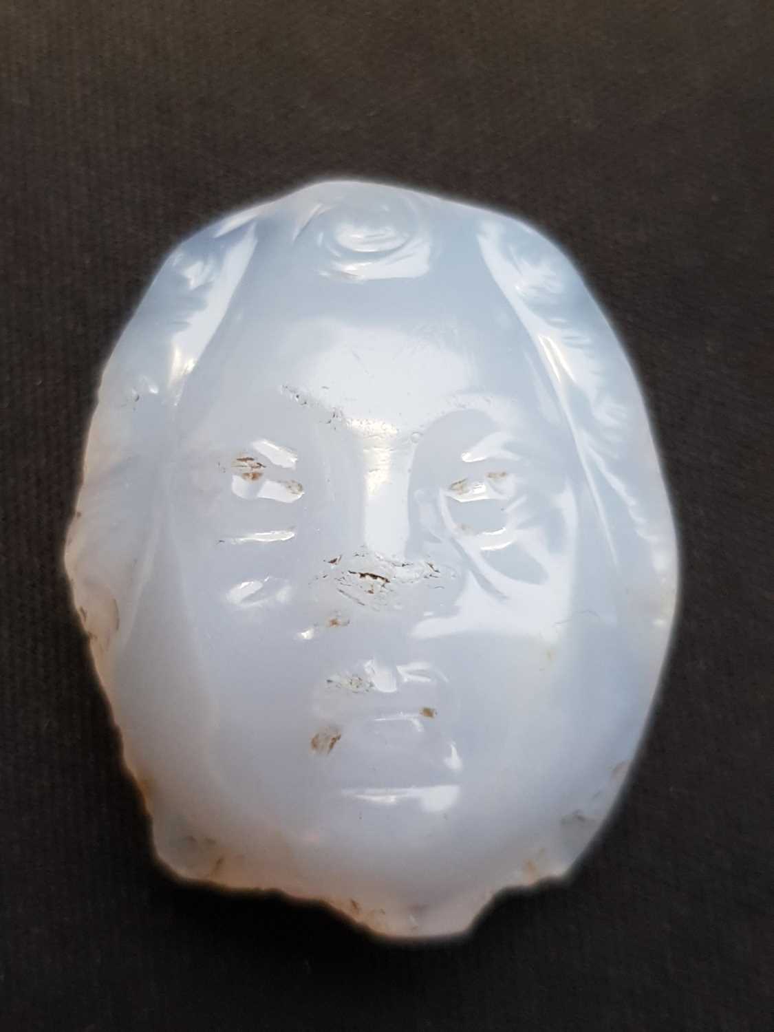 A Persian carved chalcedony cameo, the male face with curly hair, the stone a milky blue colour, 3. - Image 4 of 9