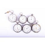 Six silver cased pocket watches, five key wound, one crown wound, all with white enamel dials.Qty:
