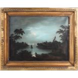 Follower of Sebastian Pether (1790–1844) British, a moonlit river scene, oil on canvas, framed. 50 x
