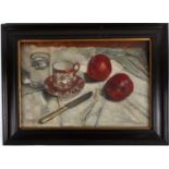 Late 19th century school, a still life study of fruit, glass of water, chinoiserie coffee can and