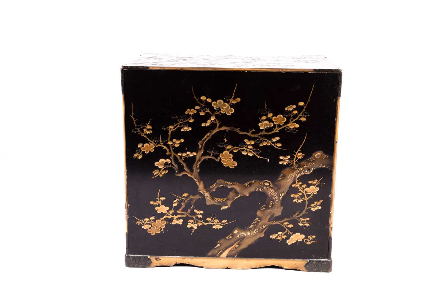 A Japanese lacquer Kodansu, Meiji period, of rectangular form with engraved metal mounts, with - Image 4 of 7