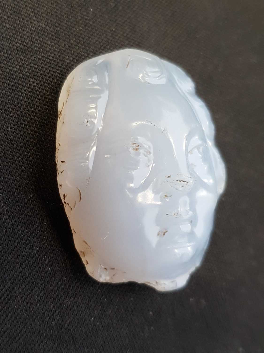 A Persian carved chalcedony cameo, the male face with curly hair, the stone a milky blue colour, 3. - Image 9 of 9