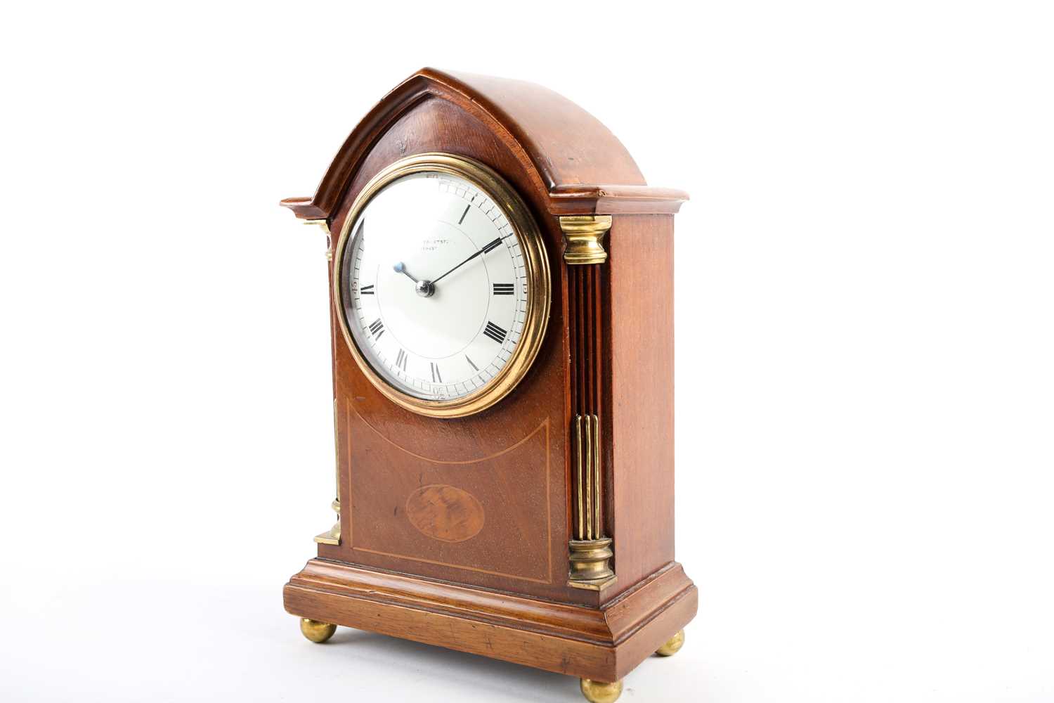 An Edwardian mahogany and inlaid mantel clock, with french eight day movement, the enamel dial - Image 4 of 10