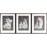 A set of three Indian gouache studies, each featuring a group of three figures in an outdoor